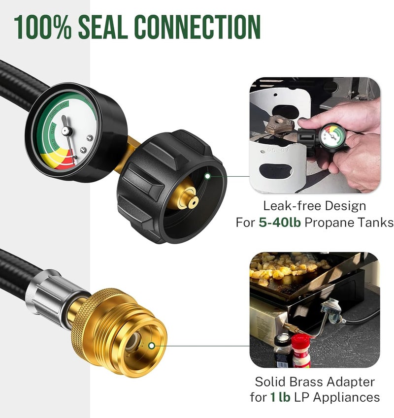 Alloxity 6ft Propane Hose Adapter 1lb to 20lb with Gauge, Propane Tank Adapters 1 lb to 20 lb Converter,5-40lb Propane Tank Hose Adapter for Buddy Heater/Weber Q Grill/Coleman Stove/Blackstone Griddle - Image 2